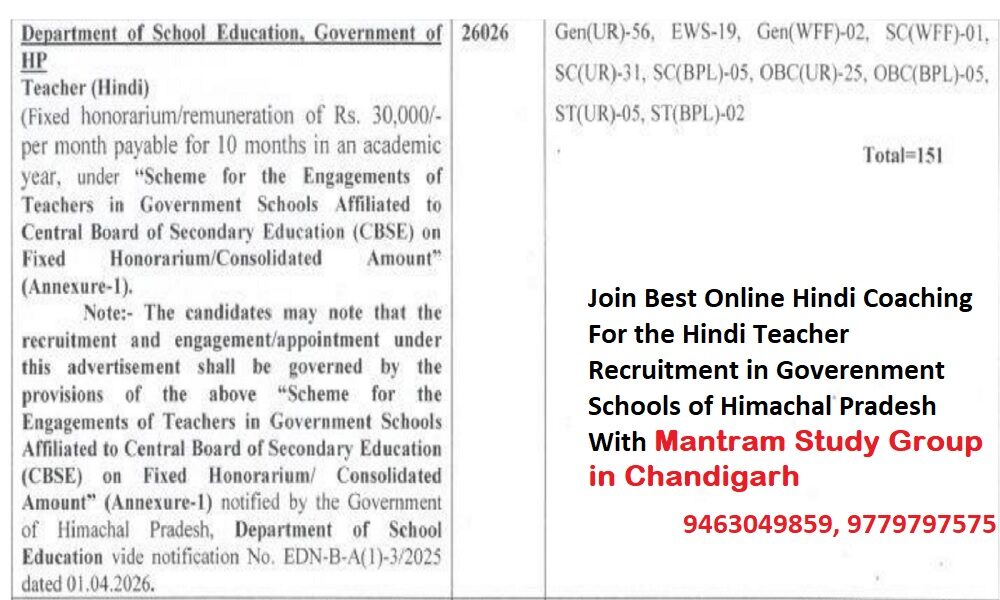 Best Online Hindi Coaching For Goverenment Teacher Recruitment on Himachal Pradesh Schools